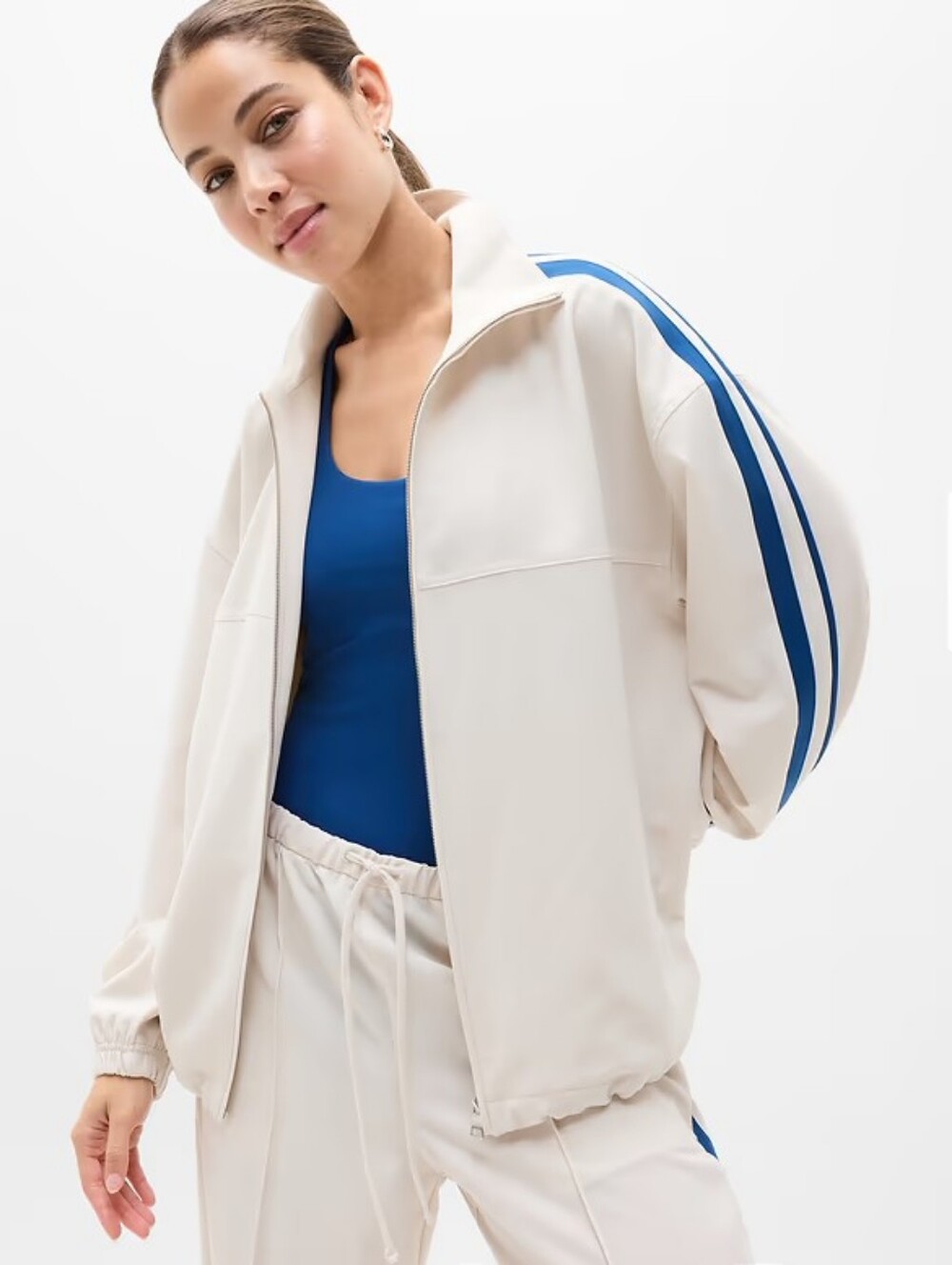 Athleta MVP Track Jacket Tech Twill, XS Oversized, Bone EUC, Like New
